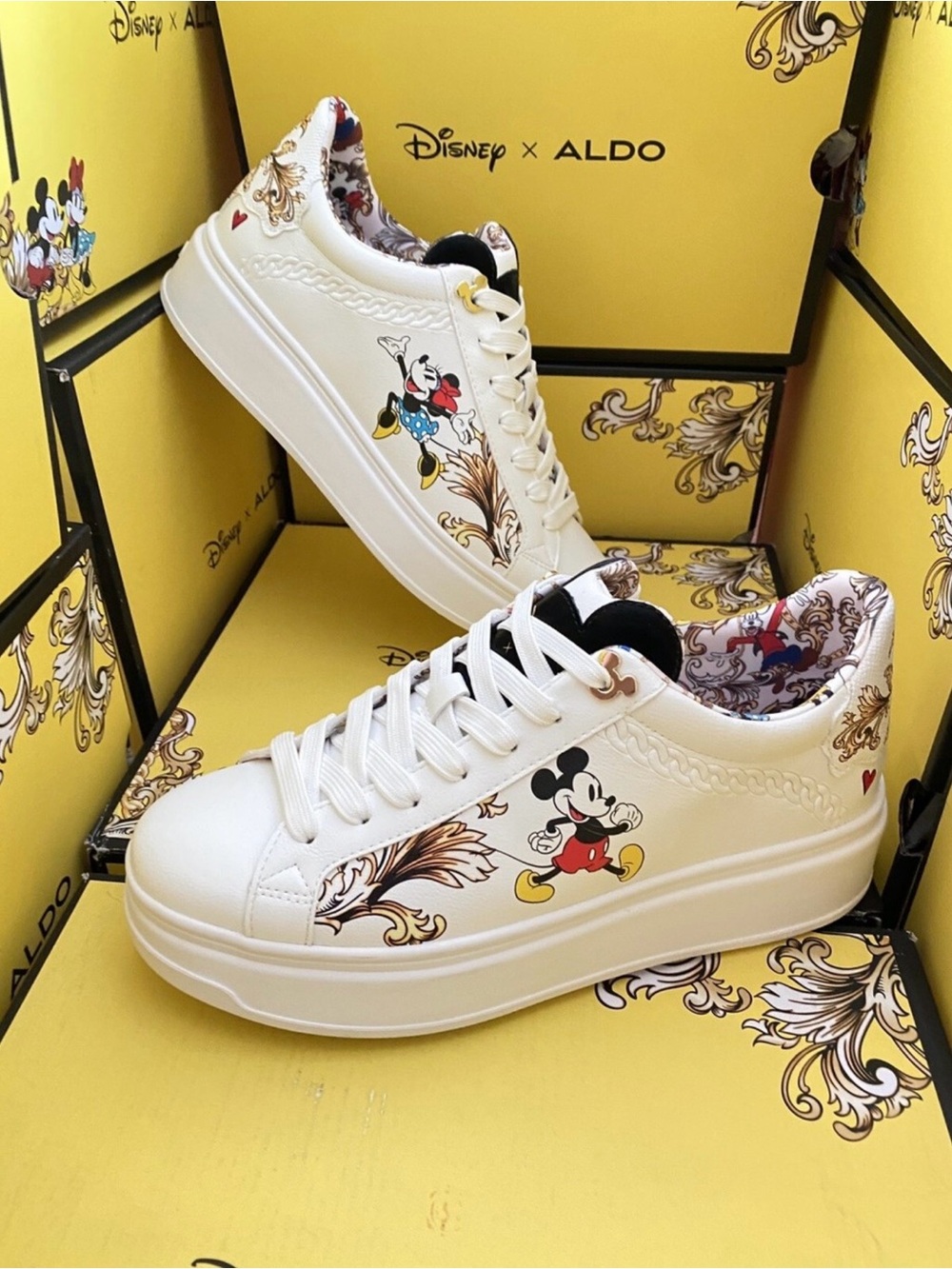 Aldo x Disney Collab White Platform Sneakers with Gold Scroll & Disney Print
